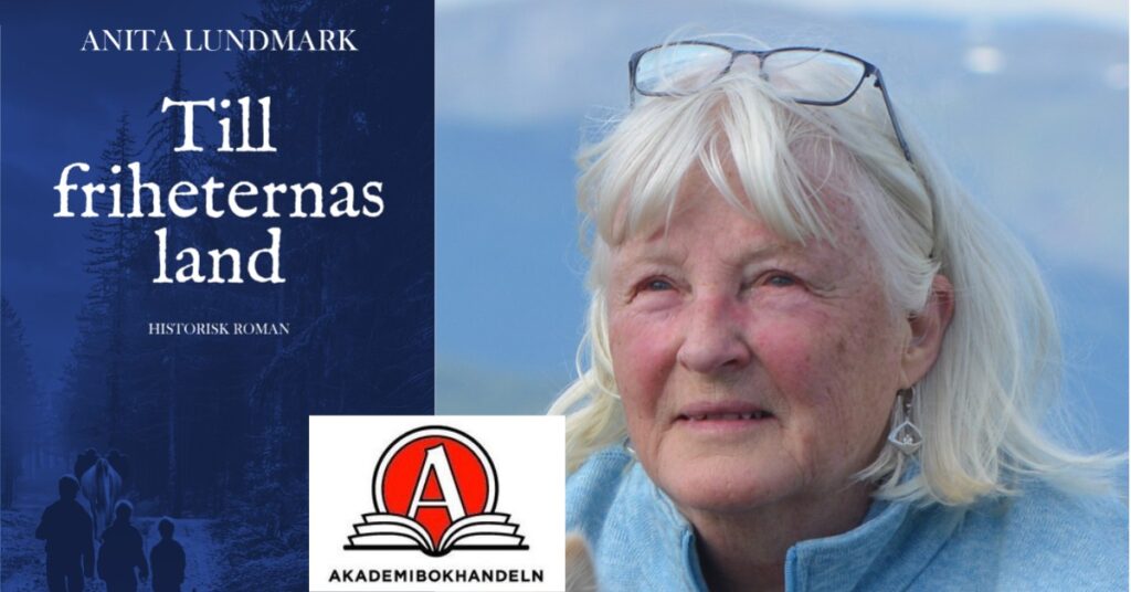 Bokens omslag och närbild på Anita Lundmark, författare, samt Akademibokhandelns logotyp