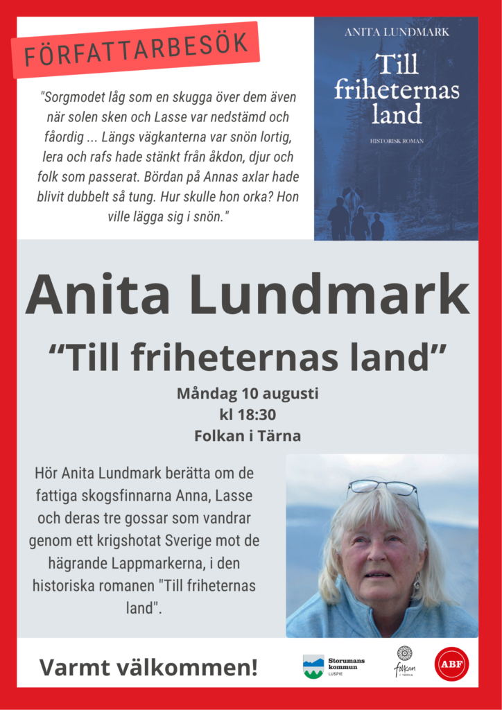 Affisch med information om författarbesök i Tärnaby 10 augusti 2026
