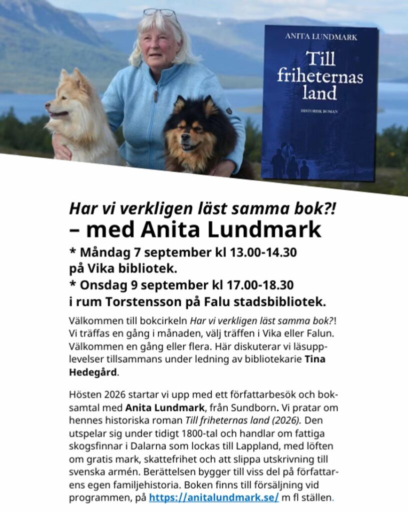 Affisch med information om bokcirkeltr&auml;ff i Falun och Vika